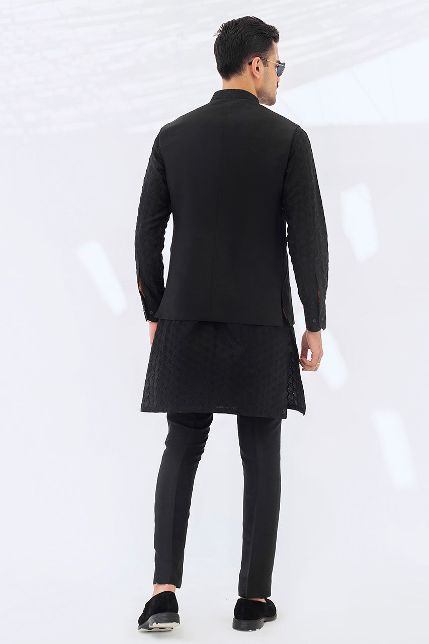 Charcoal Embroidered Raw Silk Waistcoat Kurta (3-Piece) - Image 2
