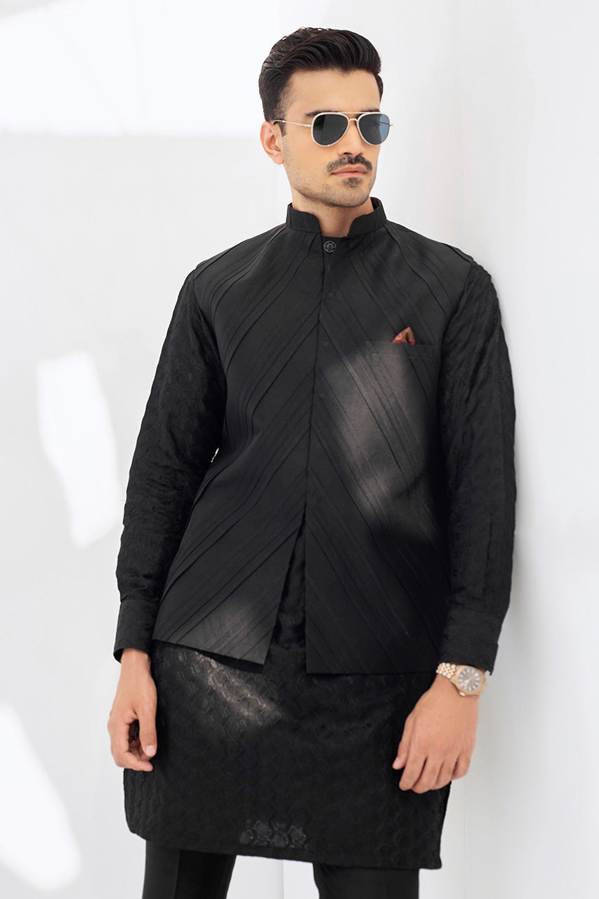 Charcoal Embroidered Raw Silk Waistcoat Kurta (3-Piece) - Image 3
