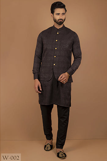 Charcoal Textured Suiting Waistcoat Kurta (3-Piece) - Image 1