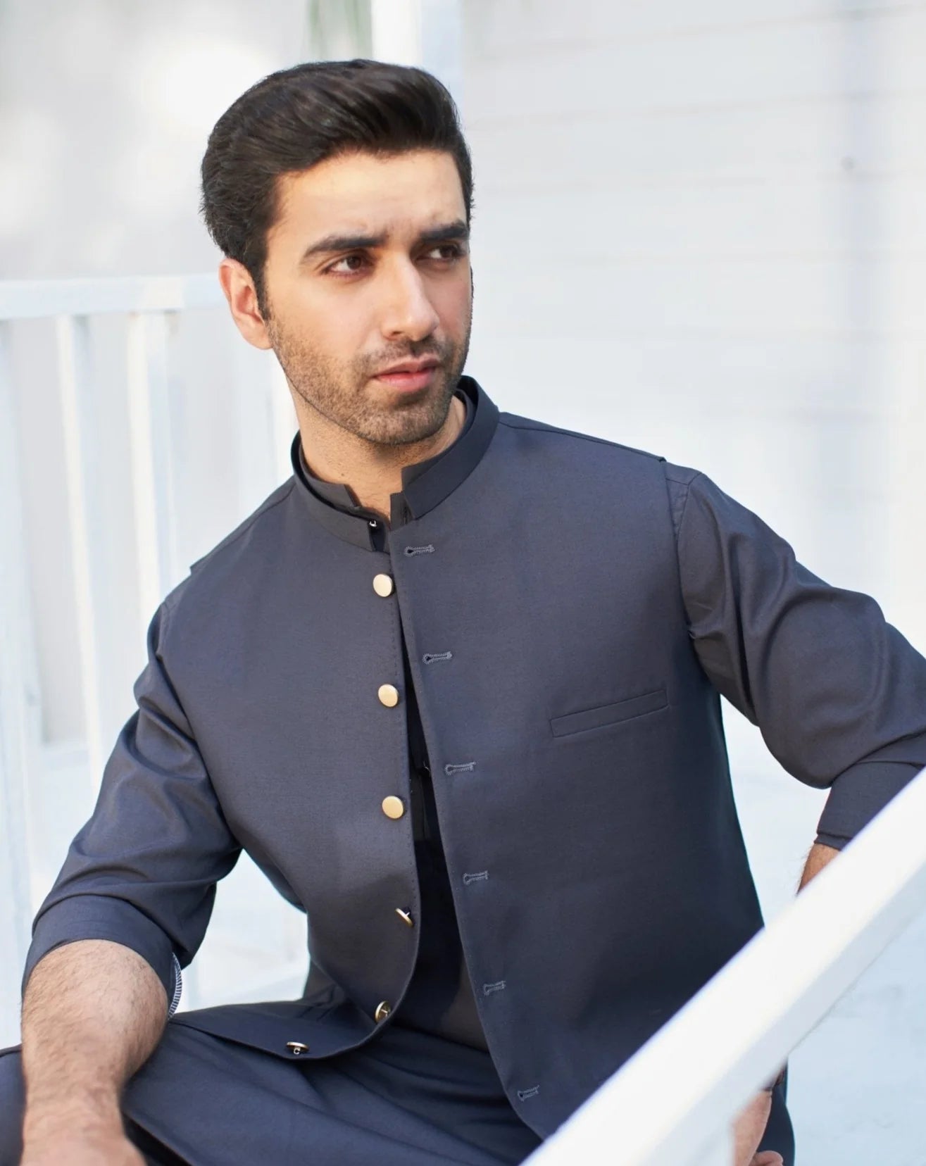 Charcoal Grey Suiting Waistcoat Kurta Set (3-Piece) - Image 1