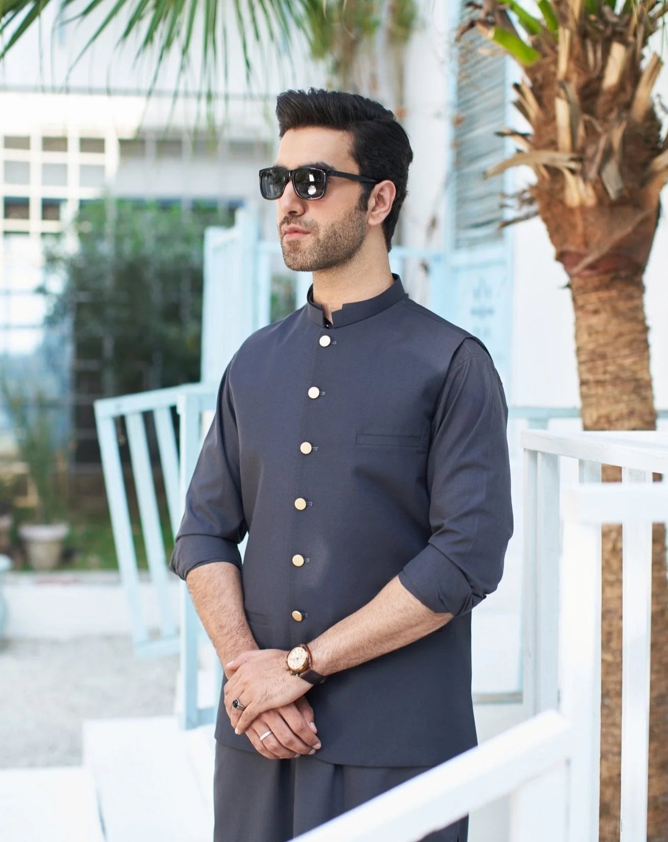 Charcoal Grey Suiting Waistcoat Kurta Set (3-Piece) - Image 2