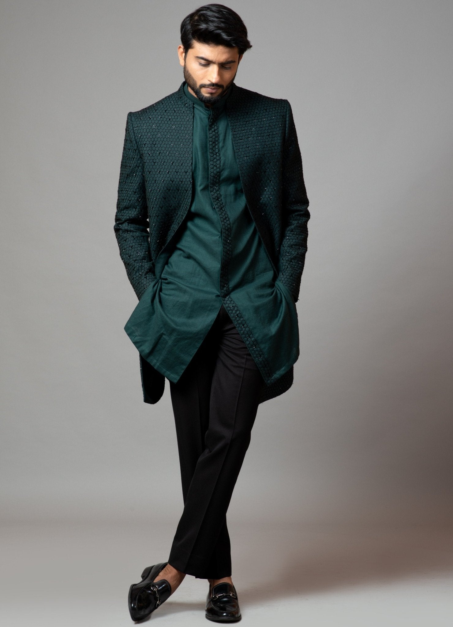 Emerald Green Embroidered Suiting Achkan (3-Piece) - Image 1