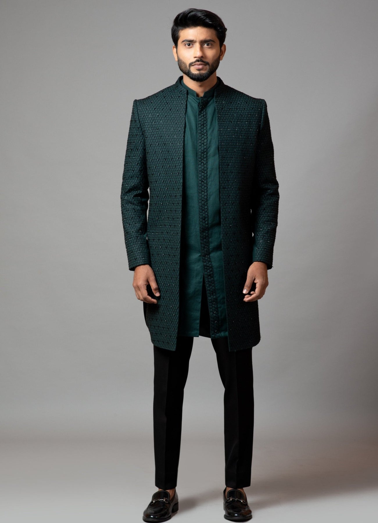 Emerald Green Embroidered Suiting Achkan (3-Piece) - Image 3