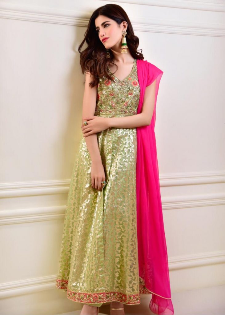 Pakistani Lime Green Embroidered Pure Organza Anarkali Dress (3-Piece) - Image 1