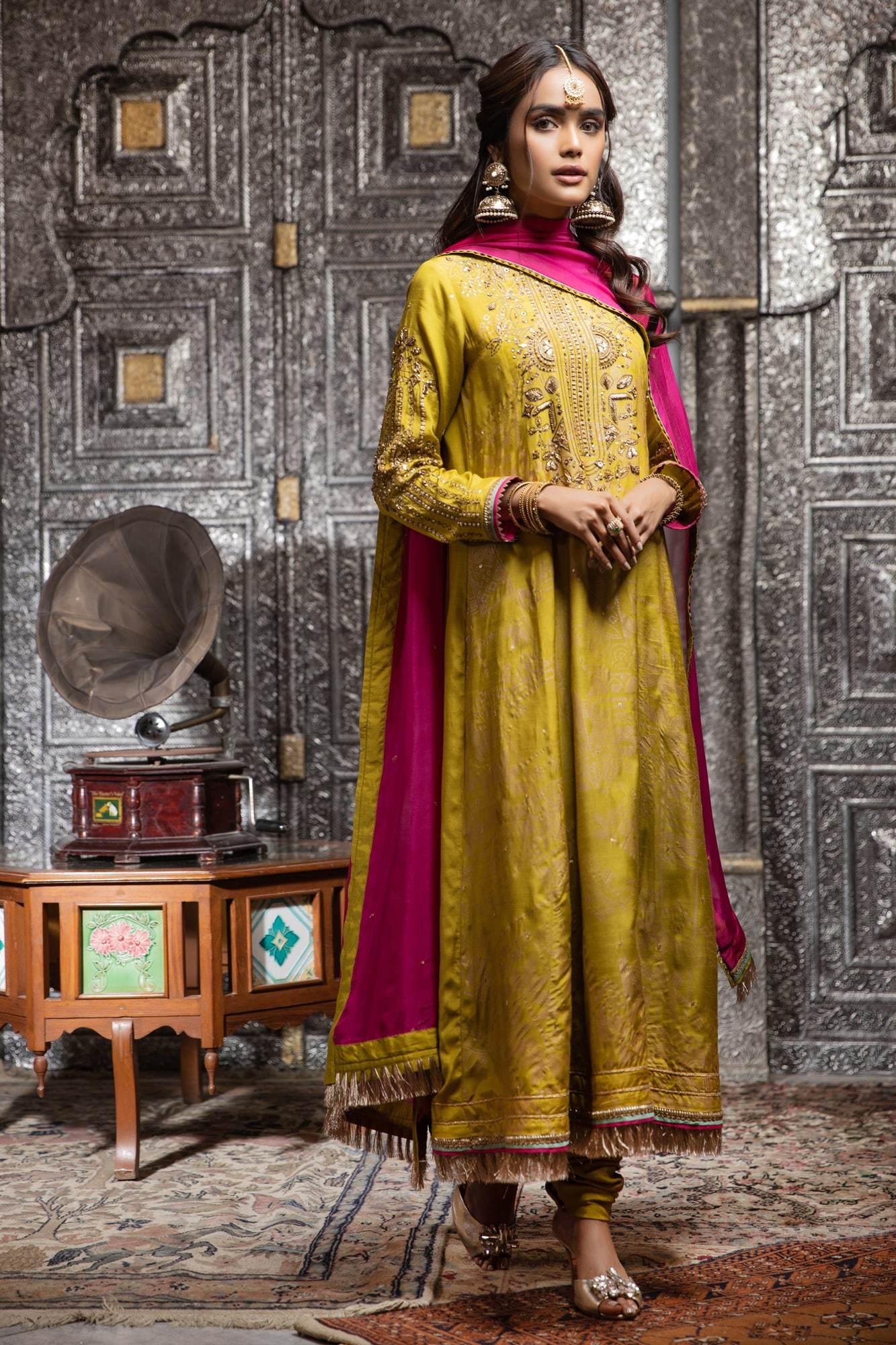 Pakistani Lime Green Embroidered PK Raw Silk Anarkali Dress (3-Piece) - Image 2