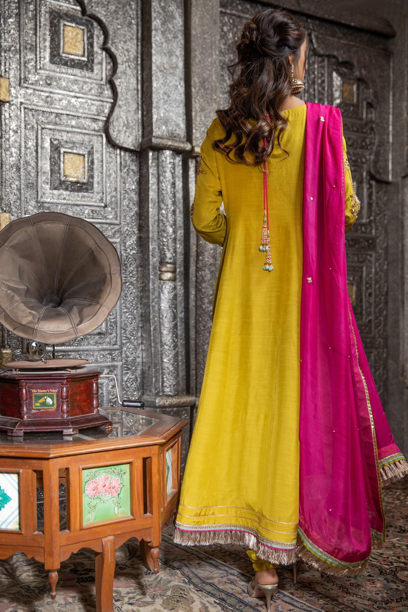 Pakistani Lime Green Embroidered PK Raw Silk Anarkali Dress (3-Piece) - Image 5