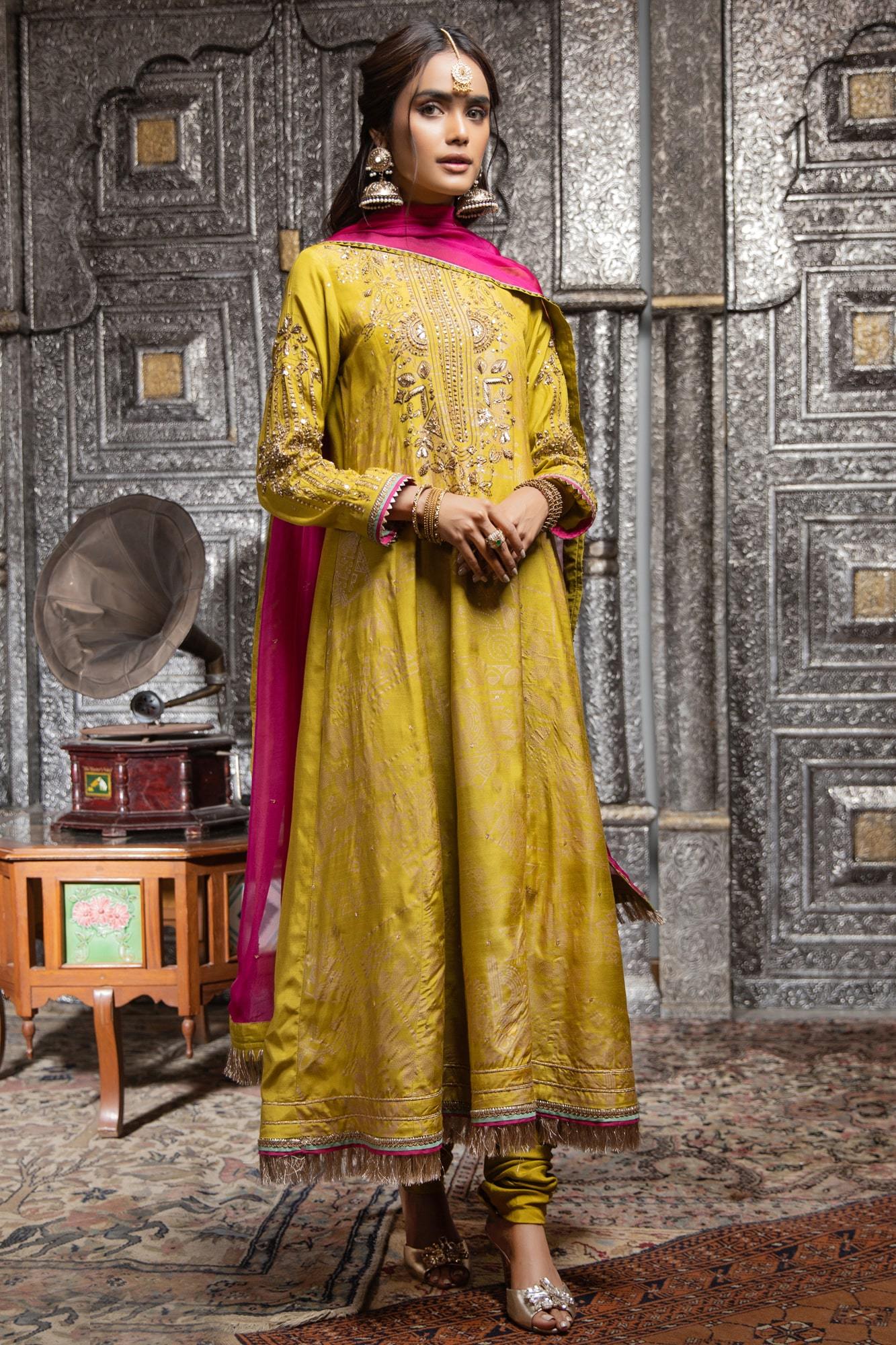 Pakistani Lime Green Embroidered PK Raw Silk Anarkali Dress (3-Piece) - Image 6