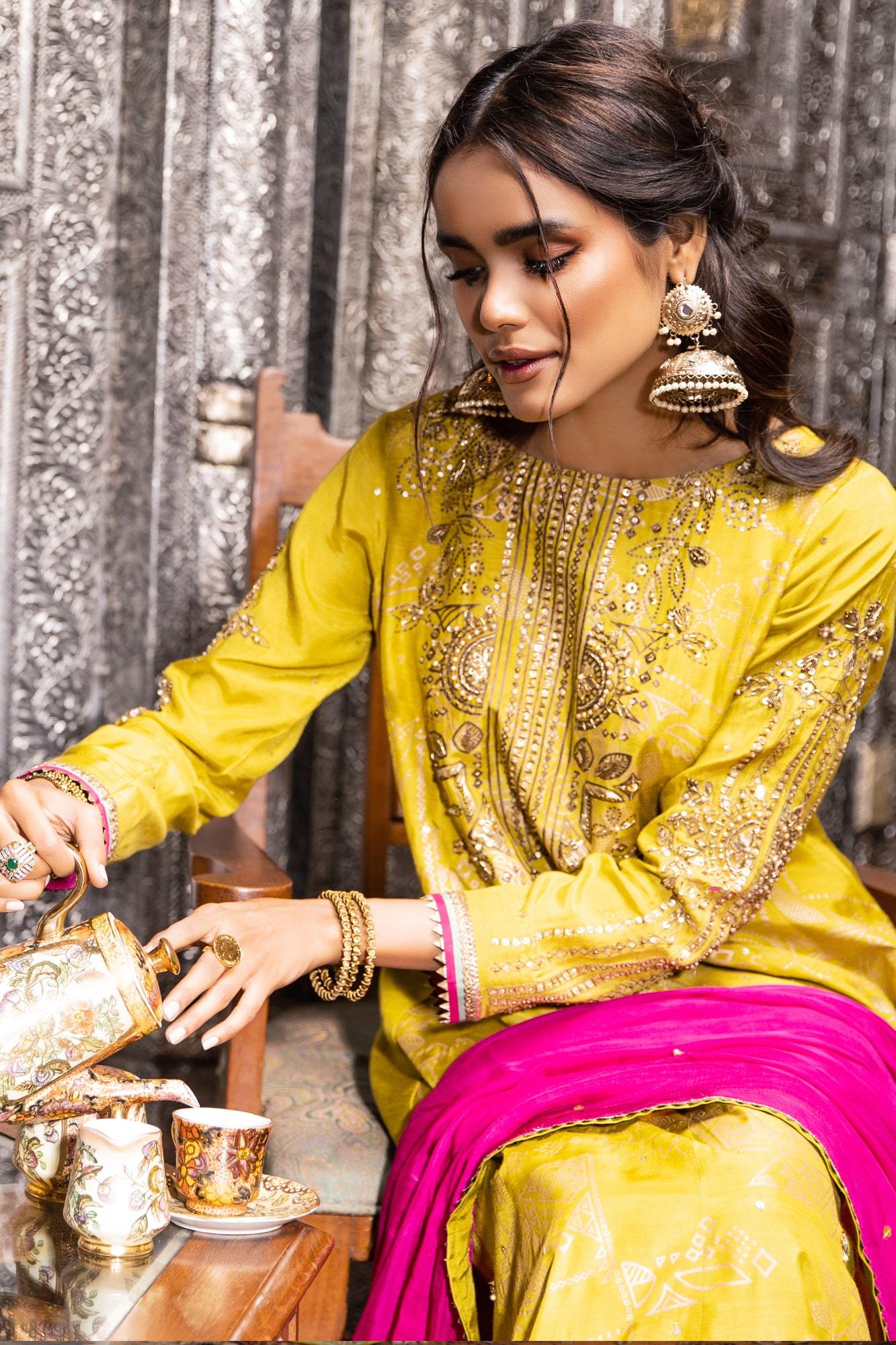 Pakistani Lime Green Embroidered PK Raw Silk Anarkali Dress (3-Piece) - Image 1