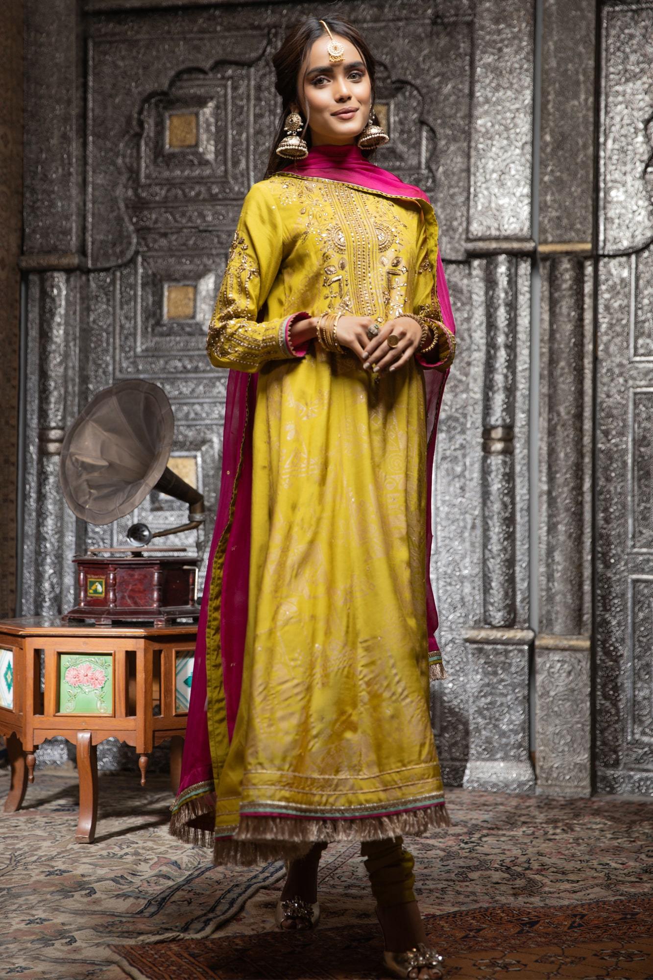 Pakistani Lime Green Embroidered PK Raw Silk Anarkali Dress (3-Piece) - Image 3