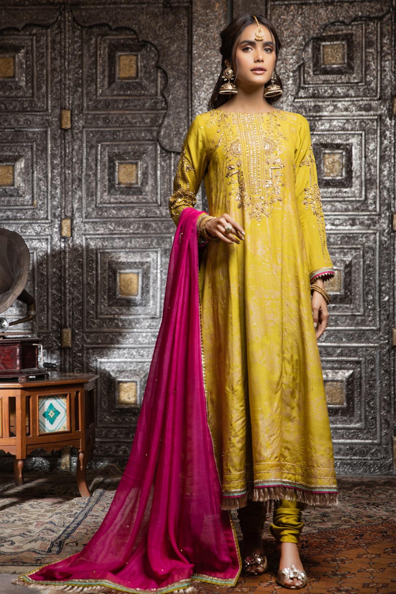 Pakistani Lime Green Embroidered PK Raw Silk Anarkali Dress (3-Piece) - Image 4