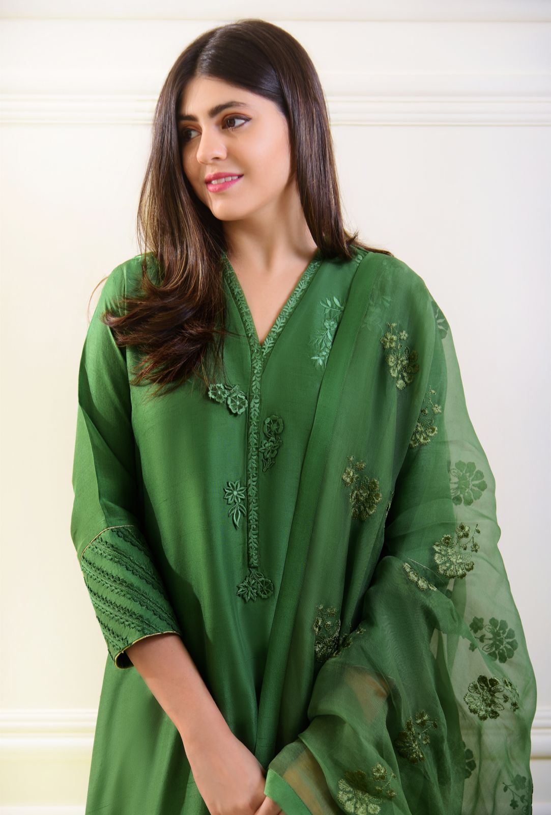 Pakistani Emerald Green Resham Embroidered Raw Silk Anarkali Gown (3-Piece) - Image 1