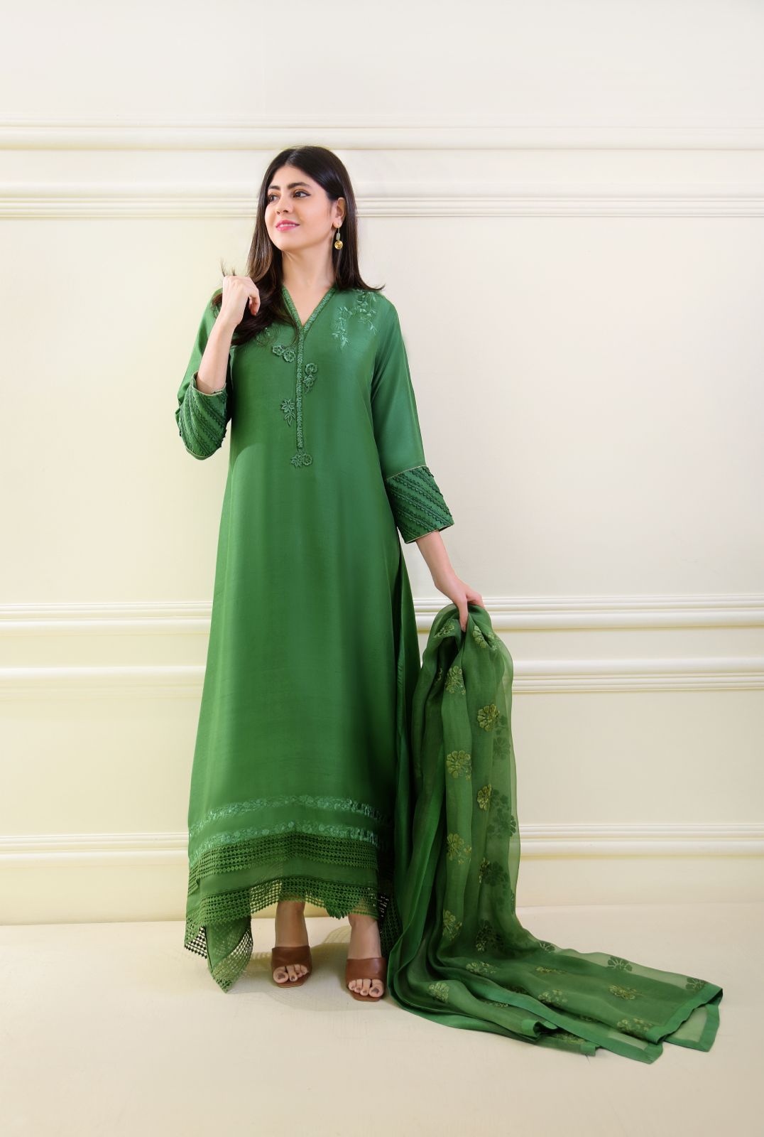 Pakistani Emerald Green Resham Embroidered Raw Silk Anarkali Gown (3-Piece) - Image 2