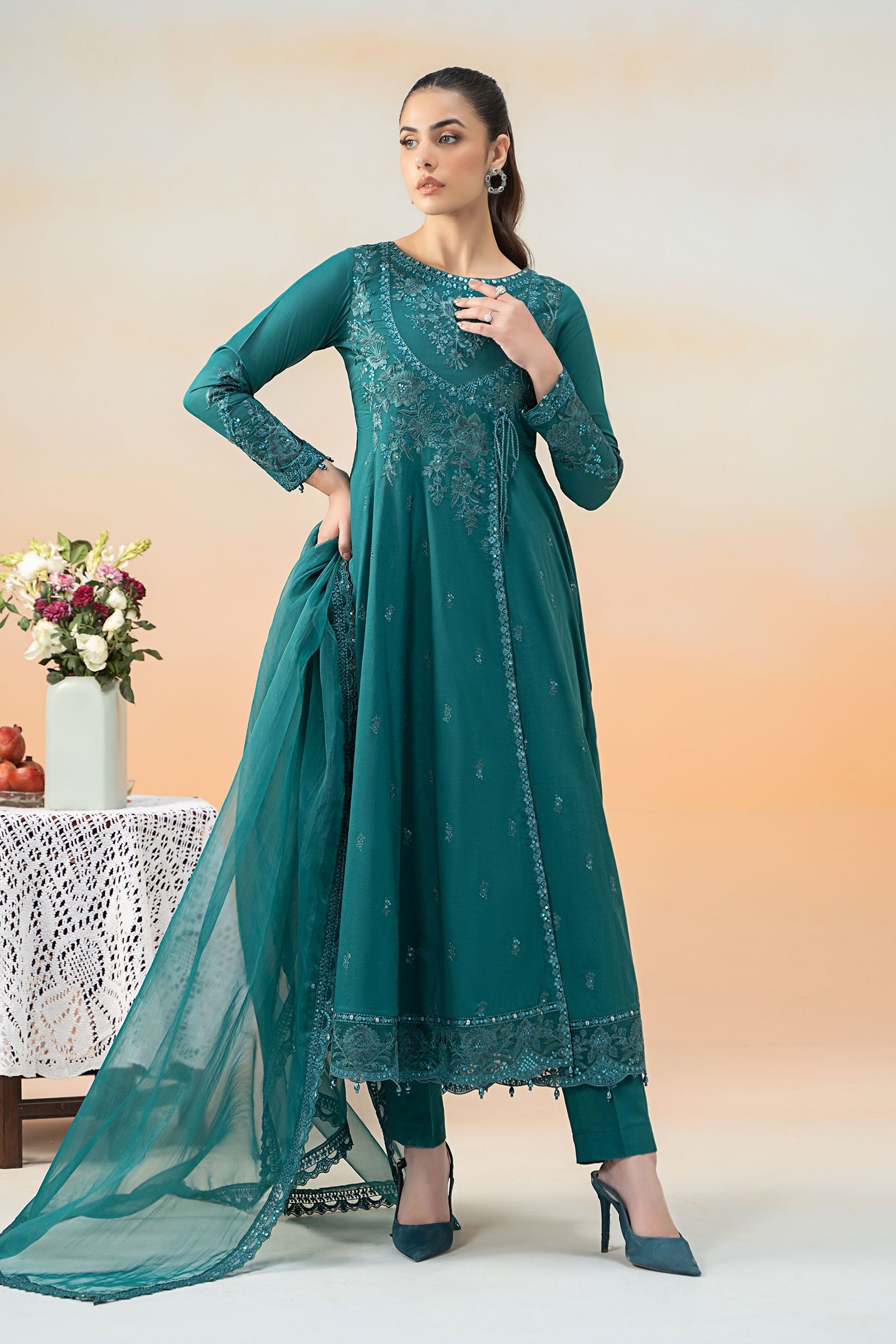 Teal Embroidered Lawn Anarkali Dress (3-Piece) - Image 1