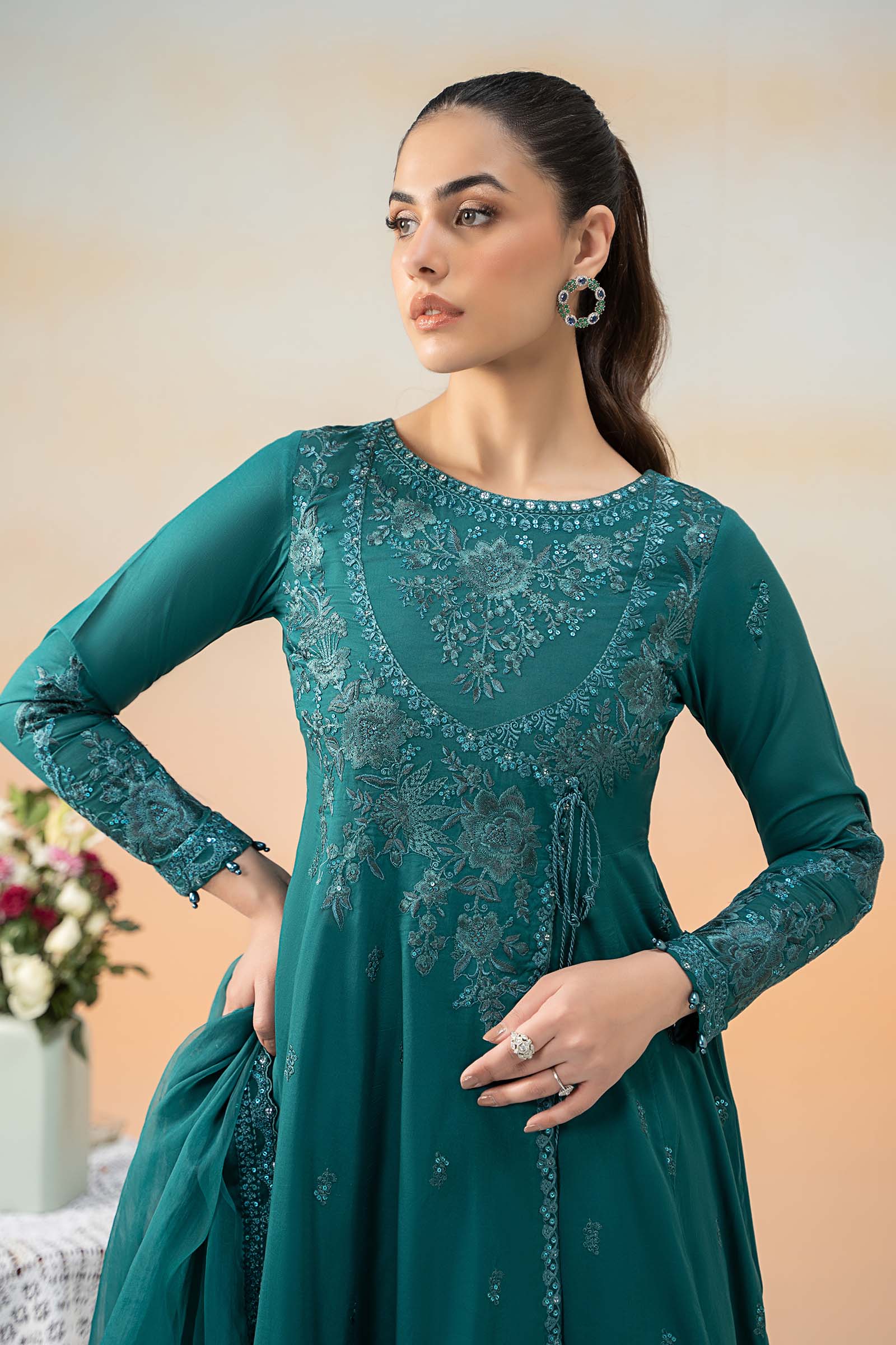 Teal Embroidered Lawn Anarkali Dress (3-Piece) - Image 2