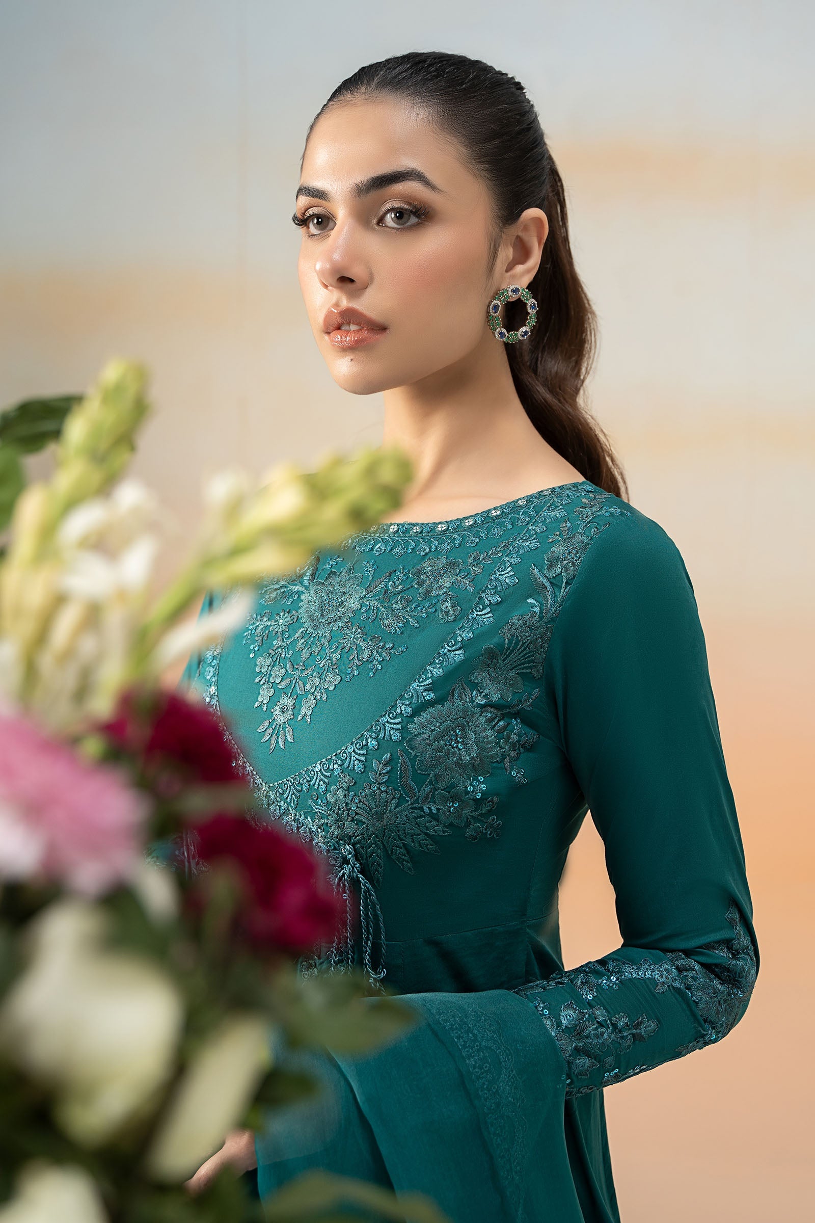 Teal Embroidered Lawn Anarkali Dress (3-Piece) - Image 4