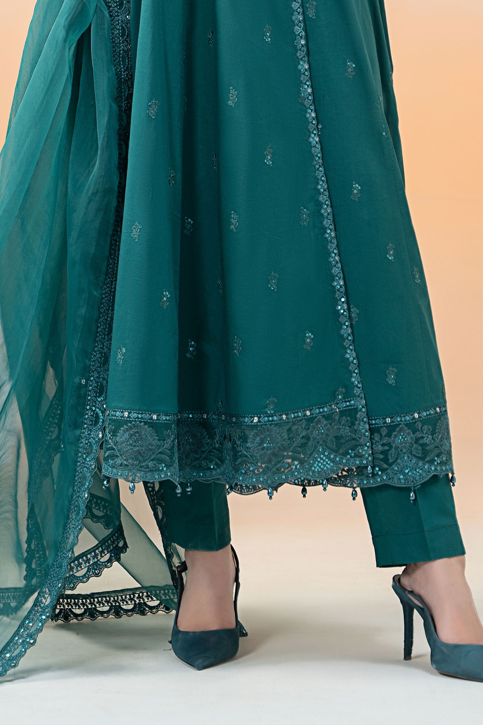 Teal Embroidered Lawn Anarkali Dress (3-Piece) - Image 5