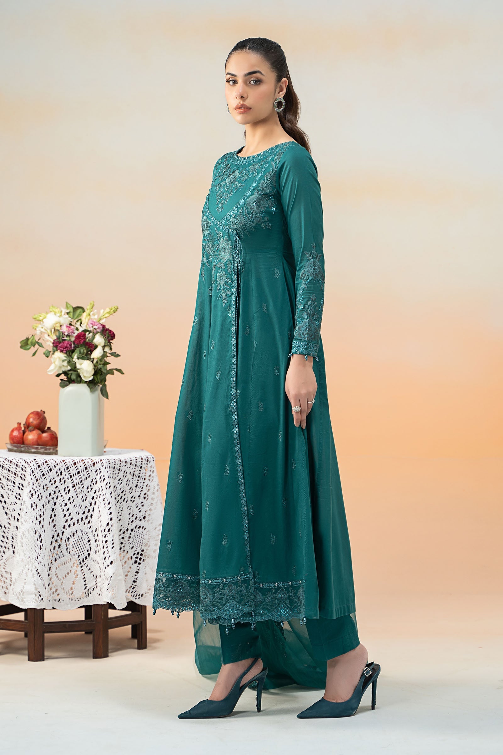 Teal Embroidered Lawn Anarkali Dress (3-Piece) - Image 7