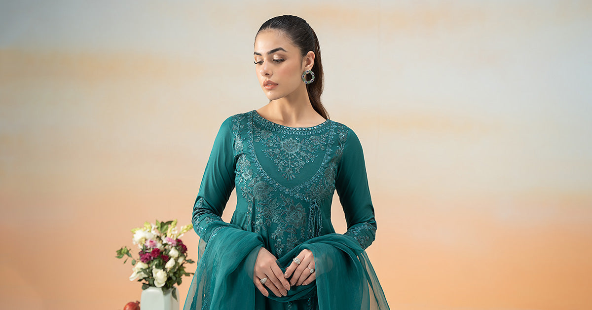 Teal Embroidered Lawn Anarkali Dress (3-Piece) - Image 9