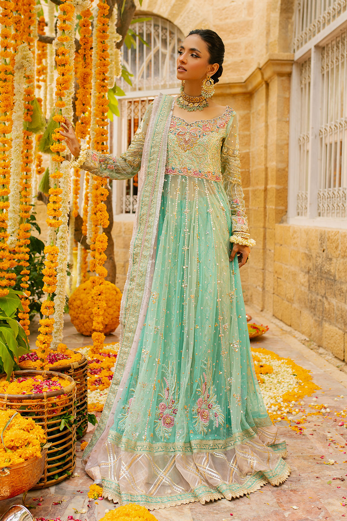 Pakistani Ice Green Zardozi Net Anarkali Dress (2-Piece) - Image 1
