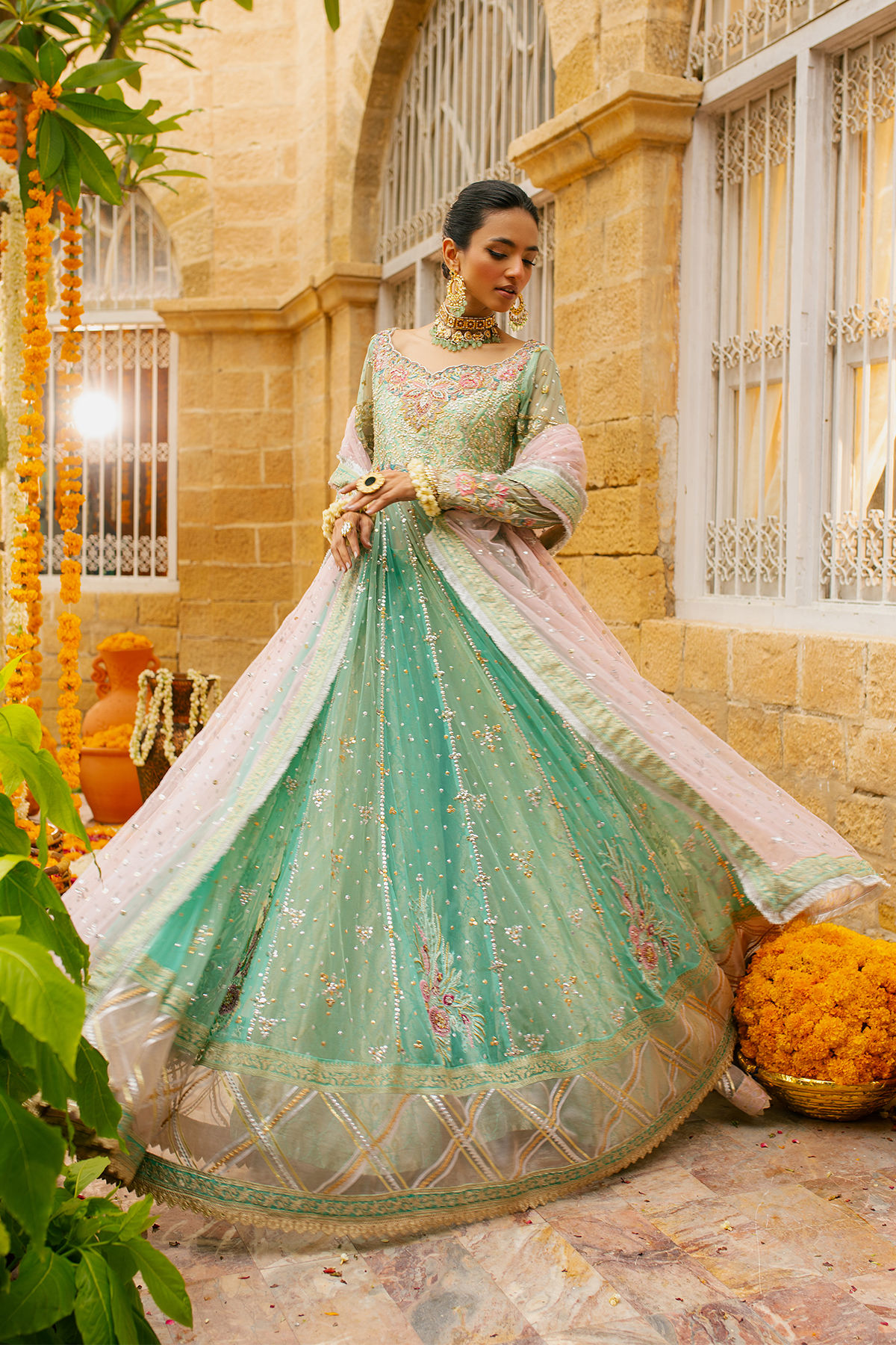 Pakistani Ice Green Zardozi Net Anarkali Dress (2-Piece) - Image 2