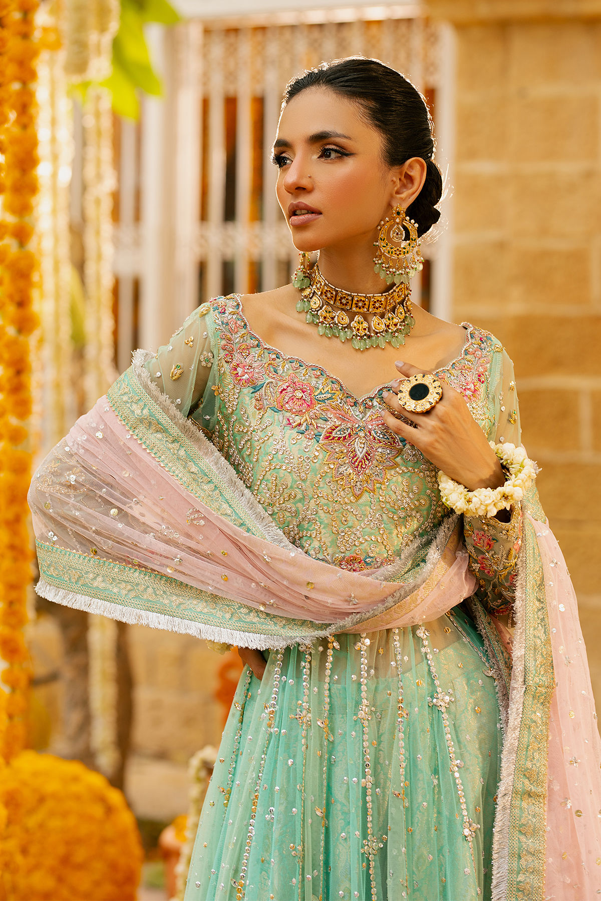 Pakistani Ice Green Zardozi Net Anarkali Dress (2-Piece) - Image 3