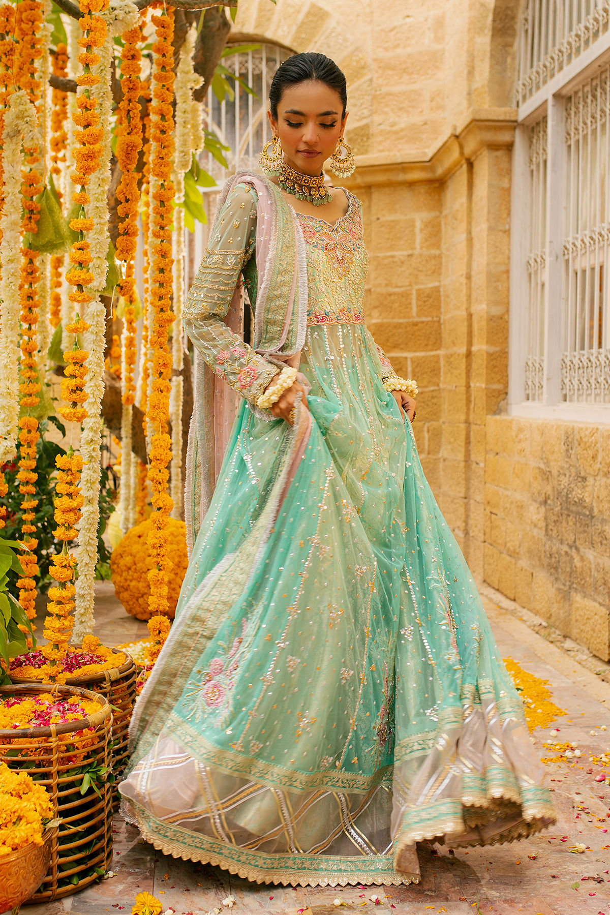 Pakistani Ice Green Zardozi Net Anarkali Dress (2-Piece) - Image 4