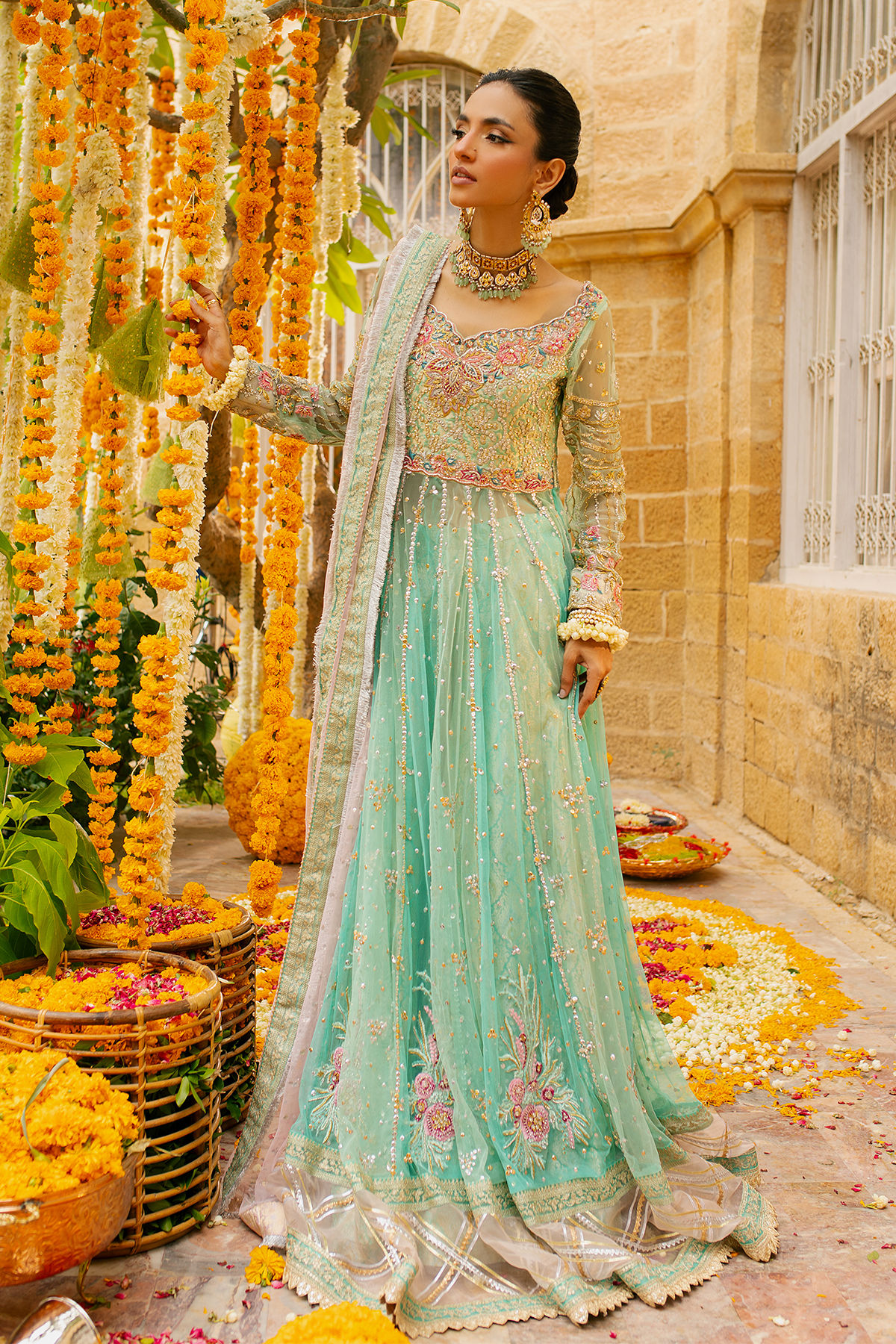 Pakistani Ice Green Zardozi Net Anarkali Dress (2-Piece) - Image 5