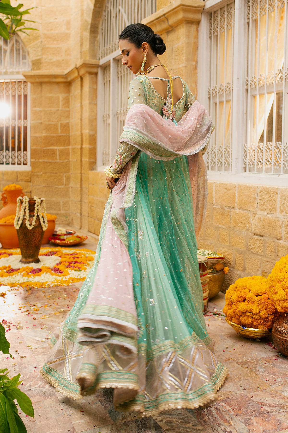 Pakistani Ice Green Zardozi Net Anarkali Dress (2-Piece) - Image 6