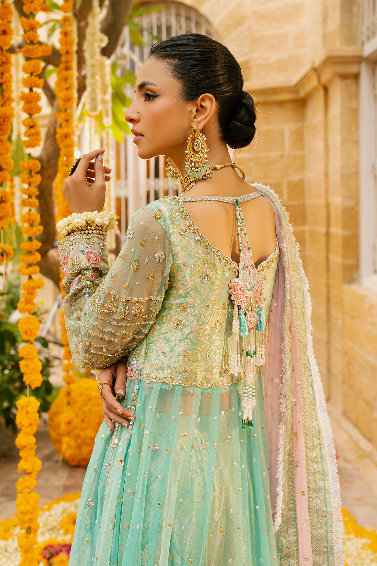 Pakistani Ice Green Zardozi Net Anarkali Dress (2-Piece) - Image 7