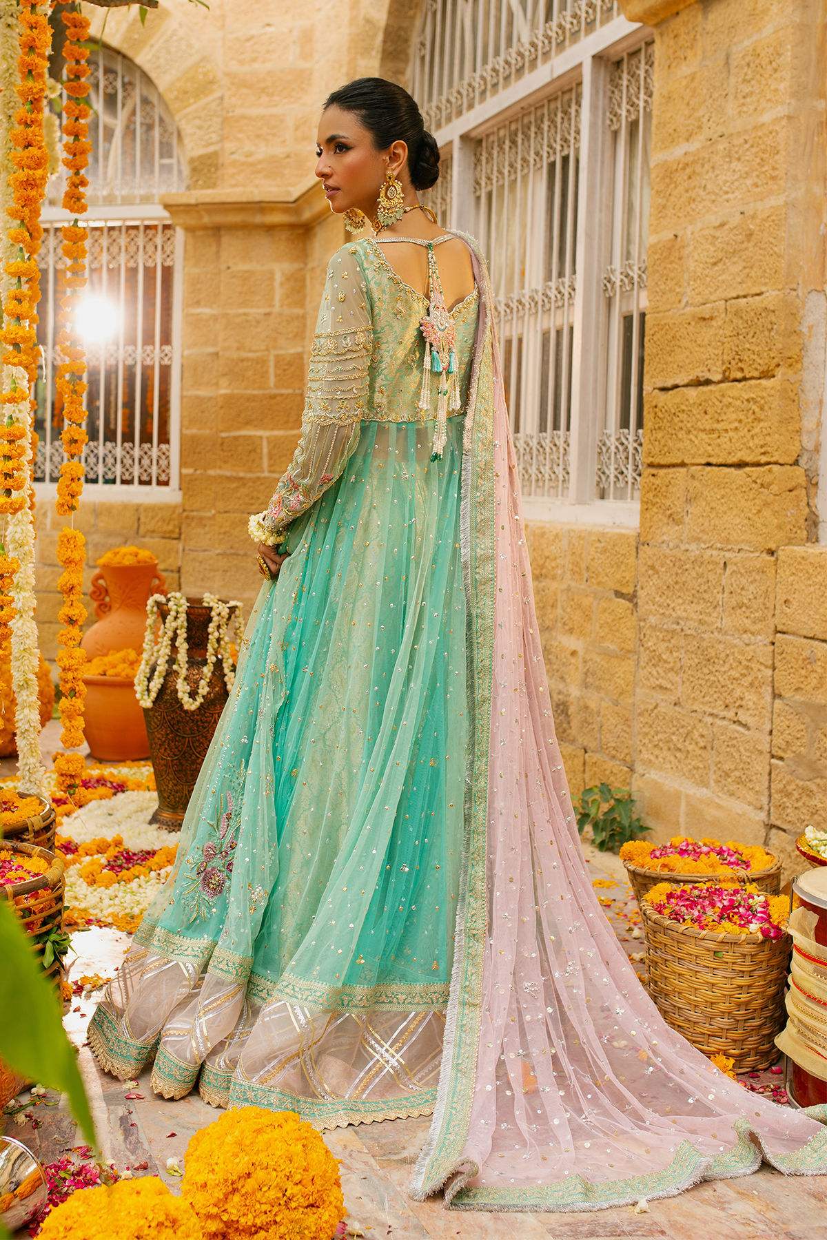 Pakistani Ice Green Zardozi Net Anarkali Dress (2-Piece) - Image 8