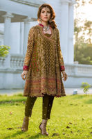 Pakistani Mehndi Green Embroidered Angarkha Dress (3-Piece) - Image 3