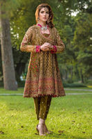 Pakistani Mehndi Green Embroidered Angarkha Dress (3-Piece) - Image 4