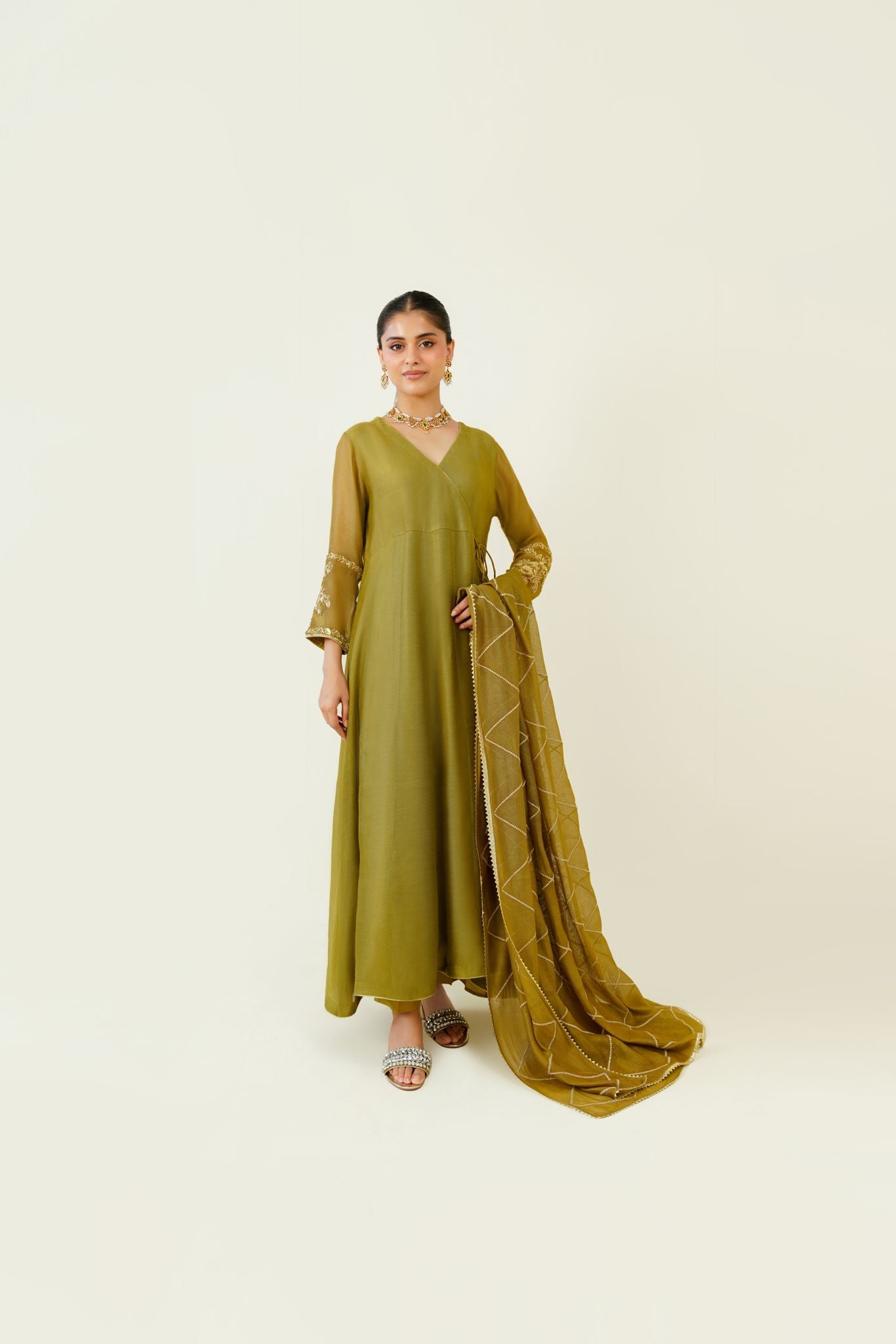 Mehndi Green Handworked Cotton Net Angrakha (3-Piece) - Image 1