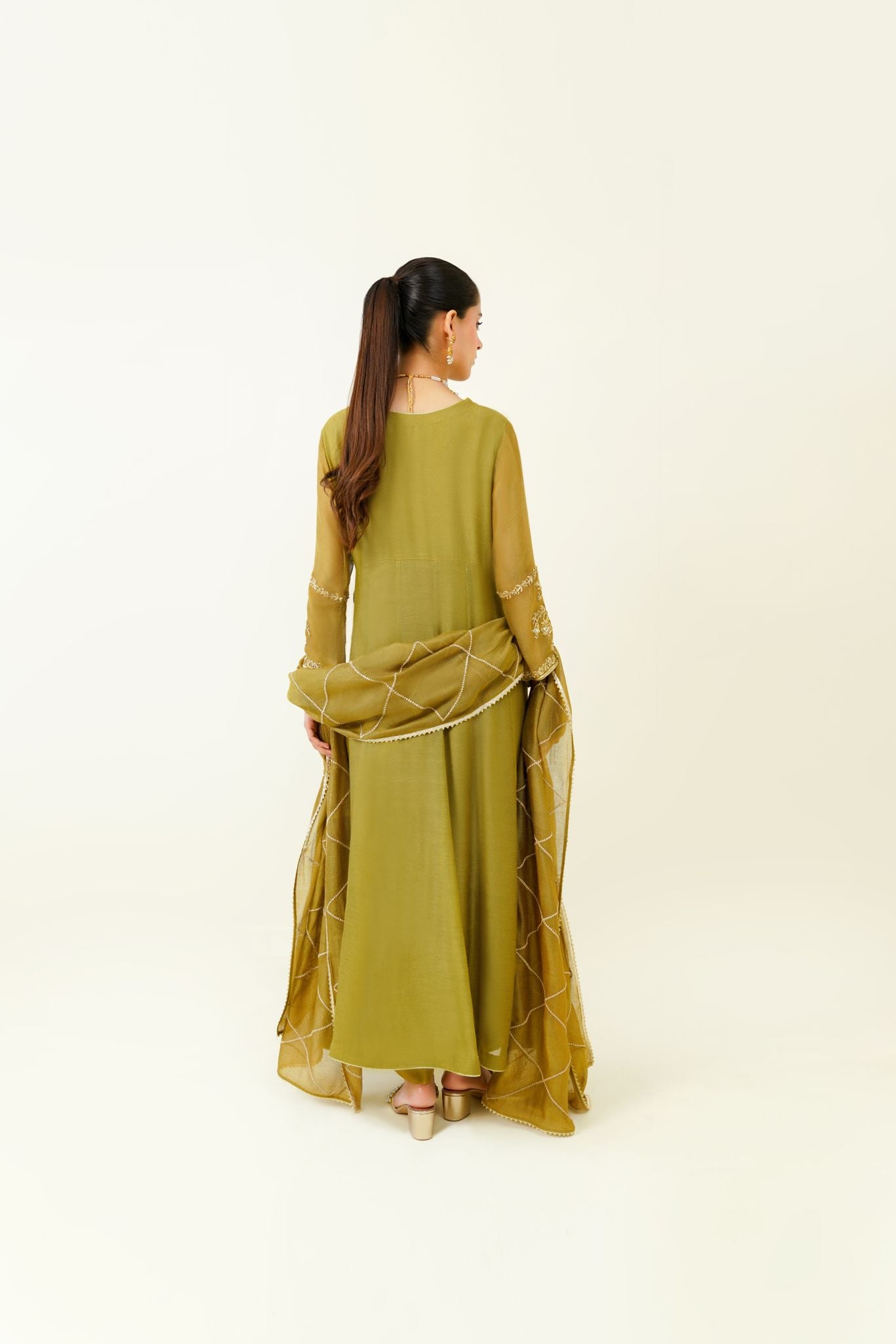 Mehndi Green Handworked Cotton Net Angrakha (3-Piece) - Image 2