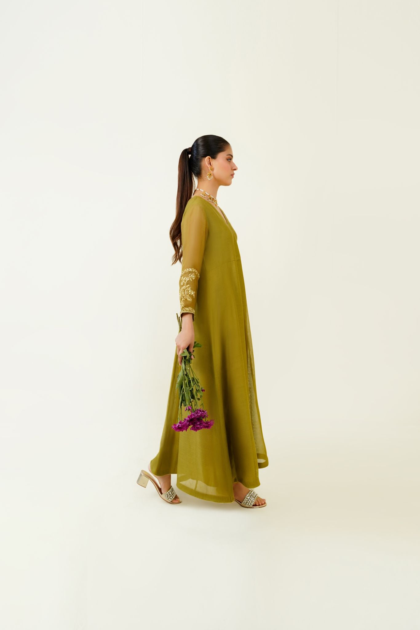 Mehndi Green Handworked Cotton Net Angrakha (3-Piece) - Image 3