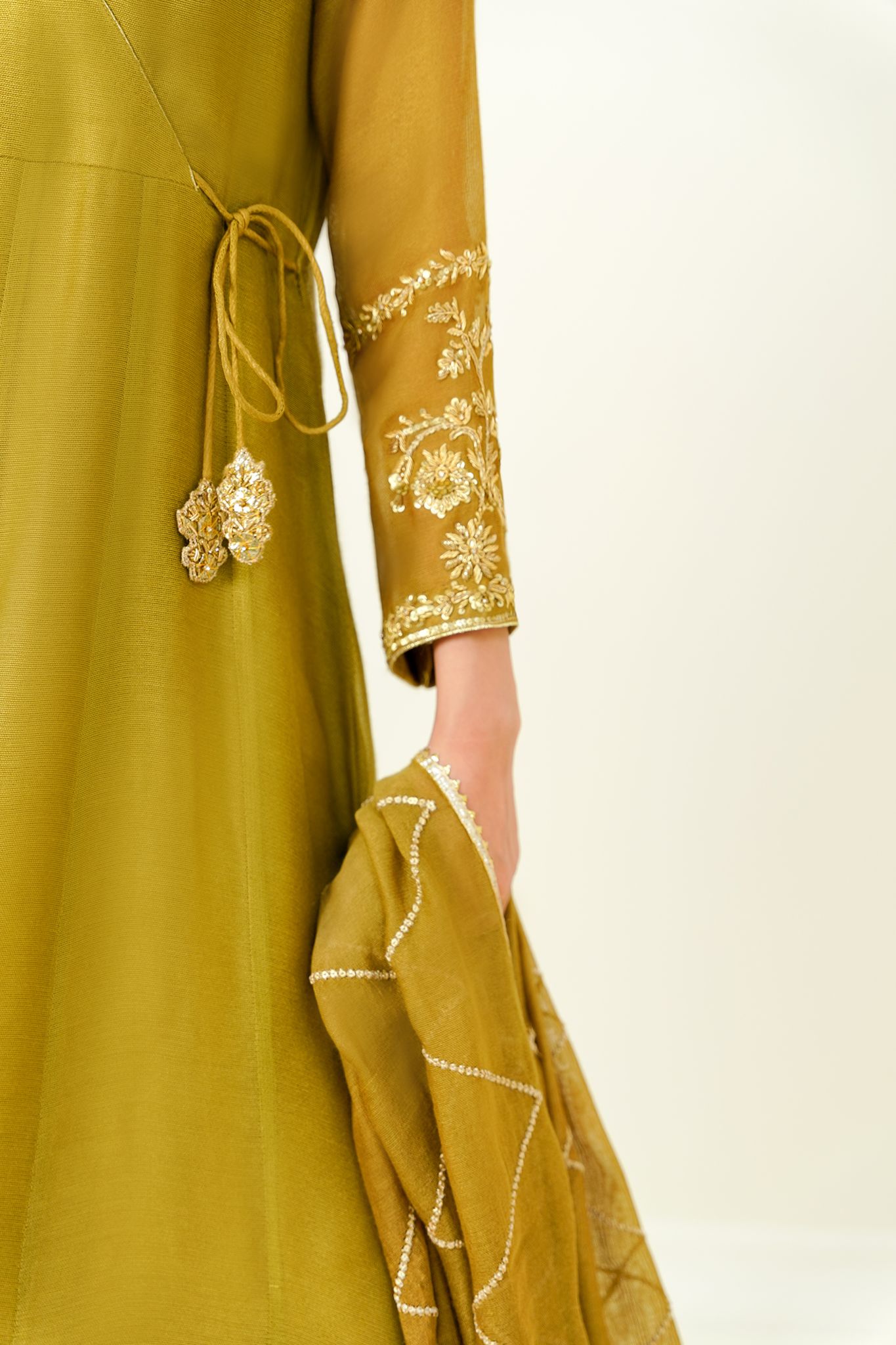 Mehndi Green Handworked Cotton Net Angrakha (3-Piece) - Image 4