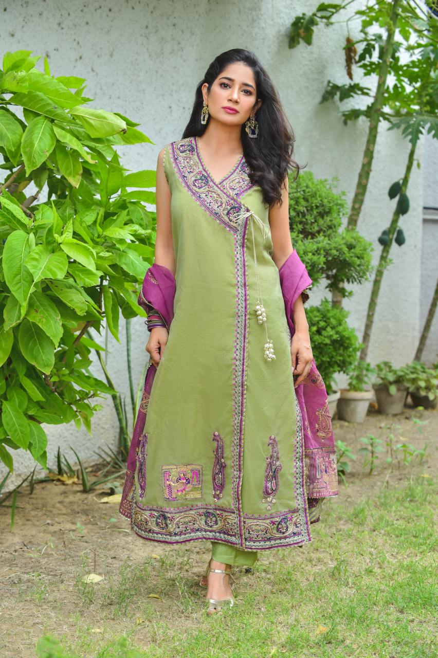 Olive Embroidered Cotton Net Angrakha (3-Piece) - Image 3