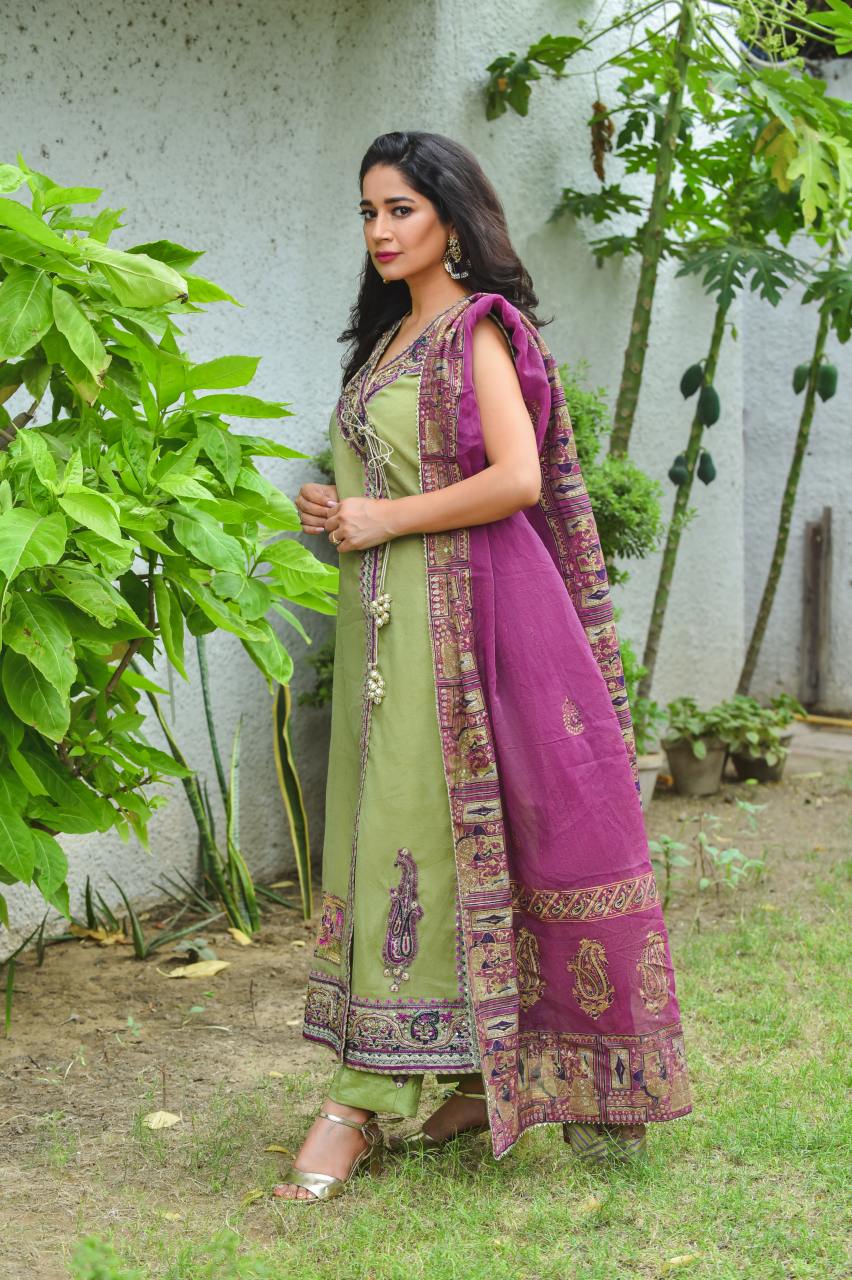 Olive Embroidered Cotton Net Angrakha (3-Piece) - Image 4