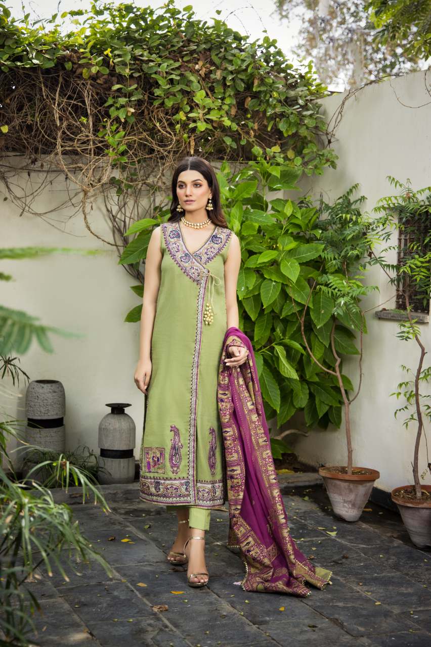 Olive Embroidered Cotton Net Angrakha (3-Piece) - Image 5