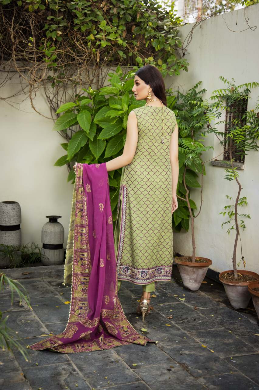 Olive Embroidered Cotton Net Angrakha (3-Piece) - Image 6