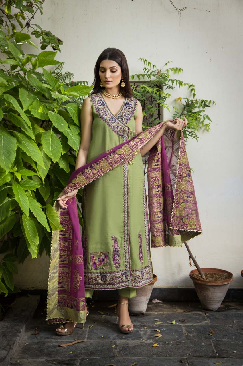 Olive Embroidered Cotton Net Angrakha (3-Piece) - Image 7