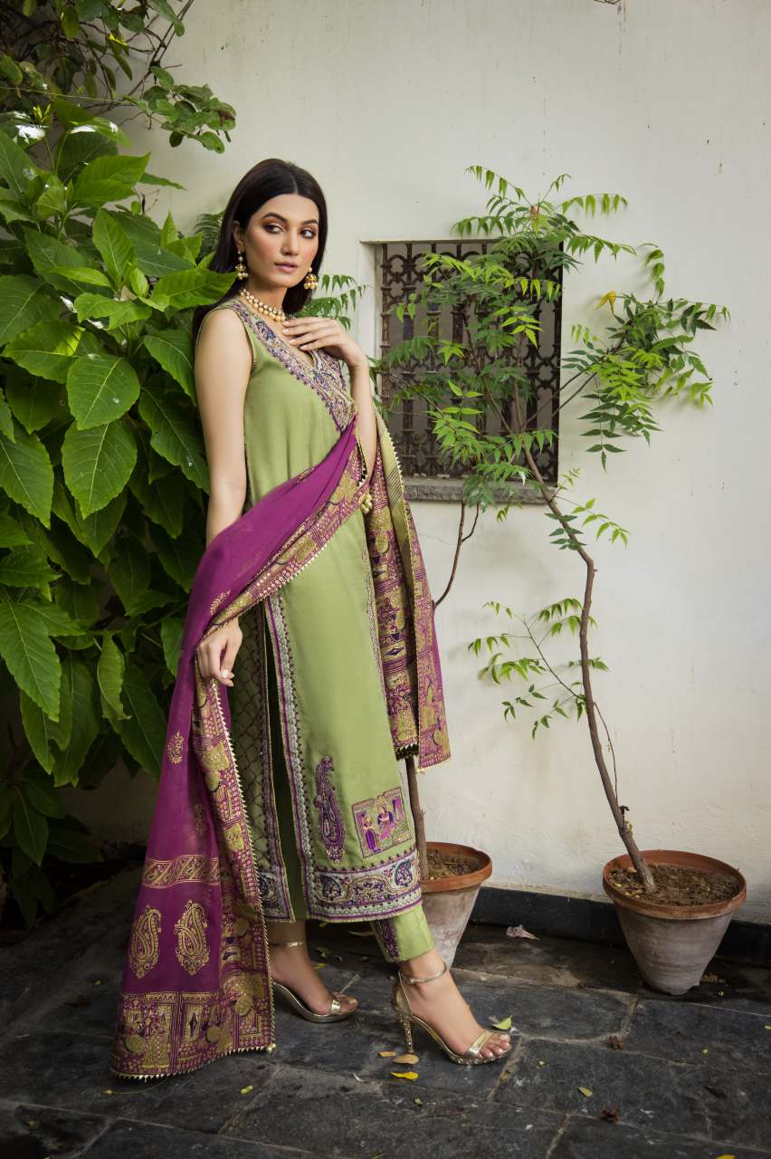 Olive Embroidered Cotton Net Angrakha (3-Piece) - Image 8