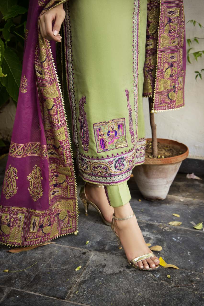 Olive Embroidered Cotton Net Angrakha (3-Piece) - Image 9