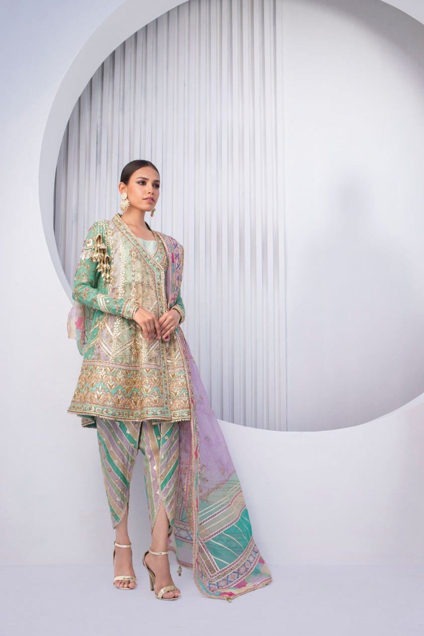 Pistachio Embellished Cotton Net Angrakha (3-Piece) - Image 2