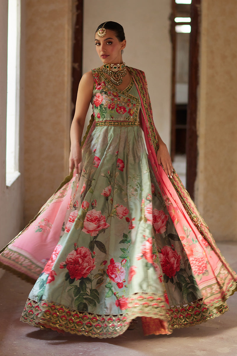 Indian Sage Green Floral Embroidered Cotton Silk Angrakha (2-Piece) - Image 1