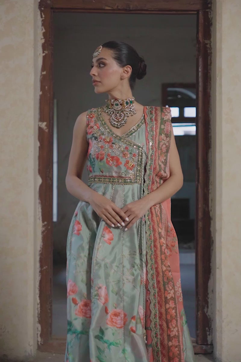 Indian Sage Green Floral Embroidered Cotton Silk Angrakha (2-Piece) - Image 10