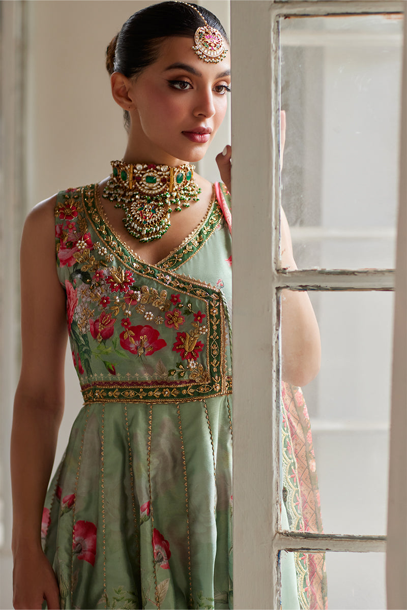 Indian Sage Green Floral Embroidered Cotton Silk Angrakha (2-Piece) - Image 2