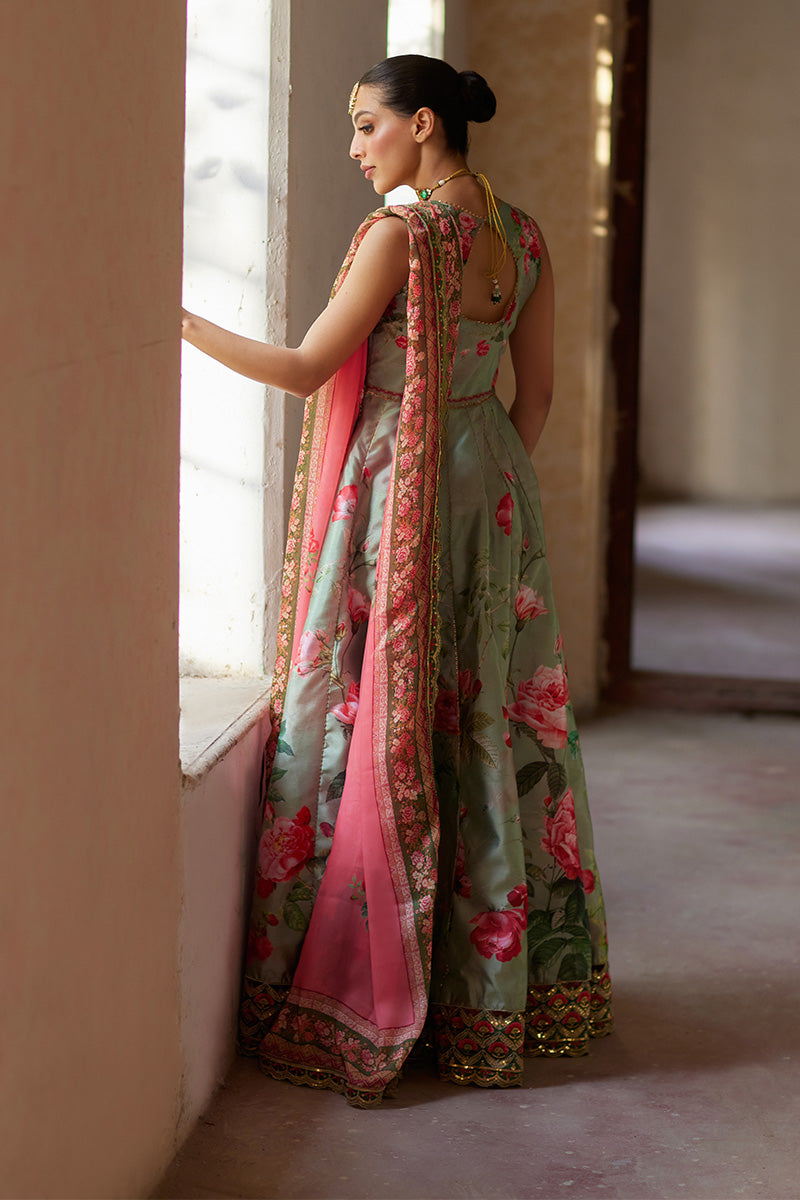 Indian Sage Green Floral Embroidered Cotton Silk Angrakha (2-Piece) - Image 3
