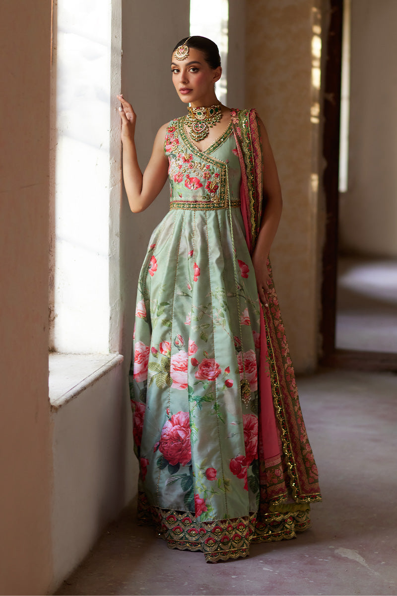 Indian Sage Green Floral Embroidered Cotton Silk Angrakha (2-Piece) - Image 4