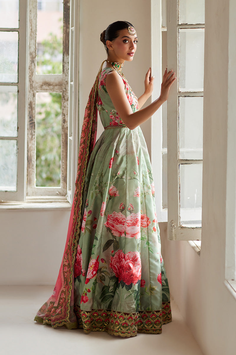 Indian Sage Green Floral Embroidered Cotton Silk Angrakha (2-Piece) - Image 5